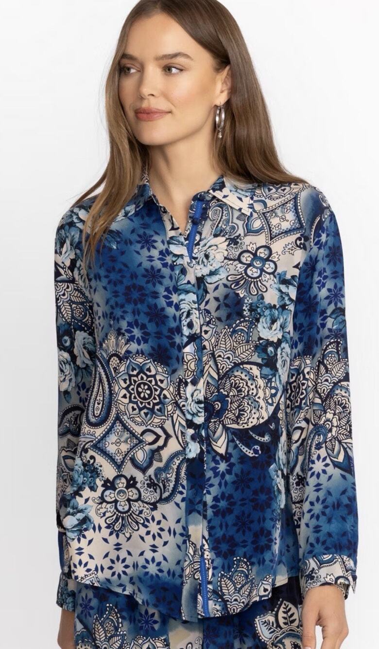 $340 JOHNNY WAS 100% Silk Long Sleeve Oversized Pleat Button Front Shirt Sz S